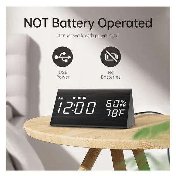 Digital Alarm Clock, with Wooden Electronic LED Time Display - Picture 7 of 7